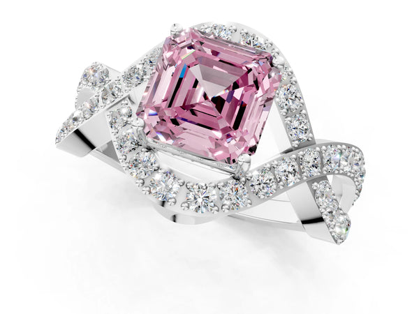 Platinum Asscher Cut Infinity Twist Engagement Ring Setting for Fancy Pink Center with Pave Ribbons