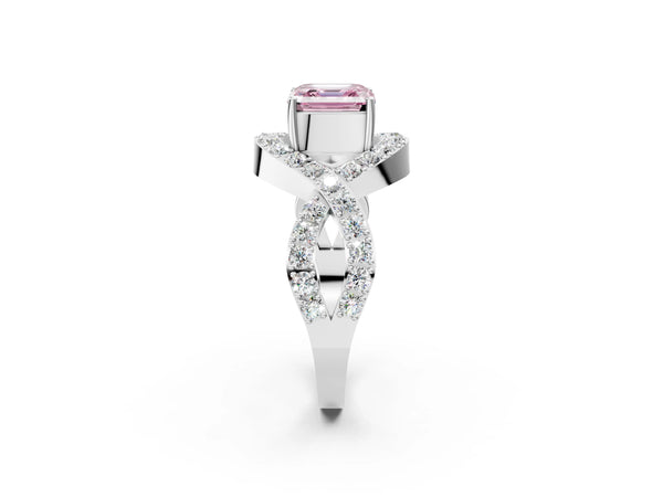 Platinum Asscher Cut Infinity Twist Engagement Ring Setting for Fancy Pink Center with Pave Ribbons