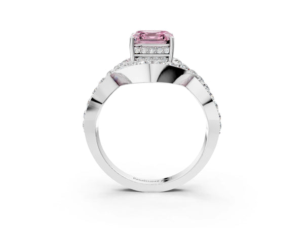 Platinum Asscher Cut Infinity Twist Engagement Ring Setting for Fancy Pink Center with Pave Ribbons