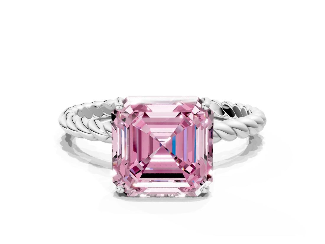 White gold Fancy Pink Asscher  Solitaire Twist Band Ring with Four-Prong Setting_12