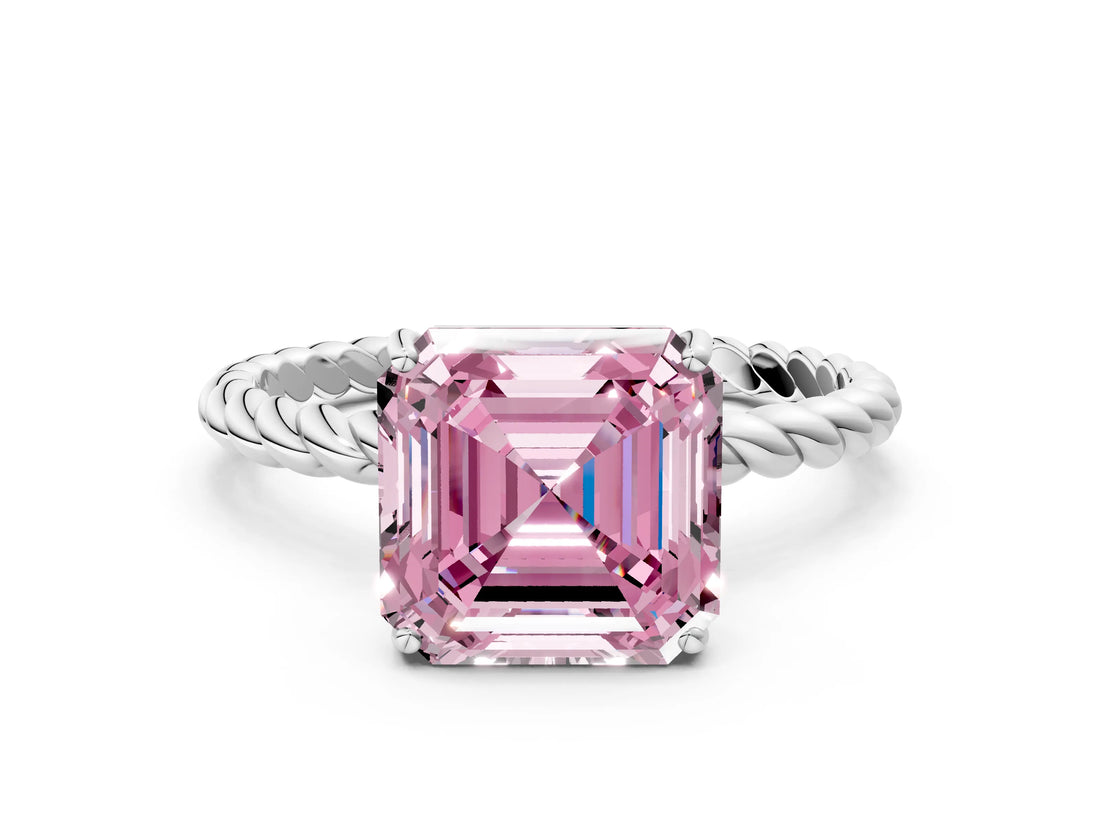 White gold Fancy Pink Asscher  Solitaire Twist Band Ring with Four-Prong Setting_13