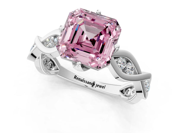 White Gold Asscher Cut Accented Twist Engagement Ring Setting for Fancy Pink Center