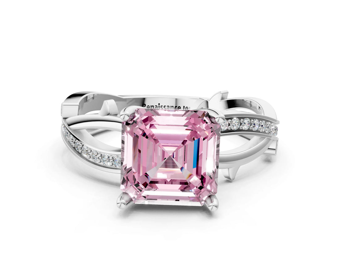White gold Fancy Pink Asscher  Solitaire Twist Band with Pavé Accents and Four-Prong Setting_19