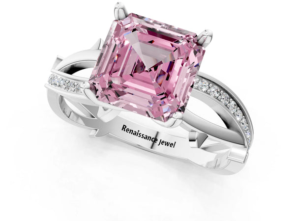 White Gold Asscher Cut Crossover Twist Pave Engagement Ring Setting for Fancy Pink Center
