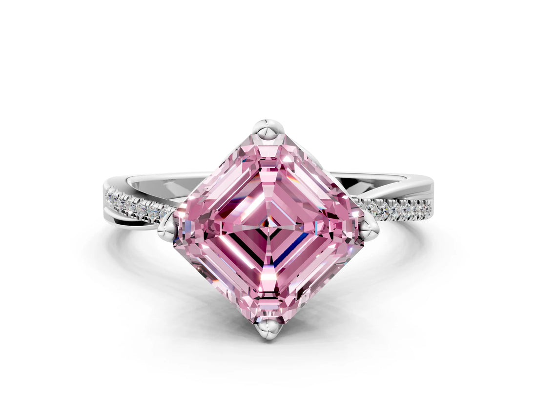 White gold Fancy Pink Asscher  Solitaire Twist Band with Pavé Diamonds and Four-Prong Setting_104