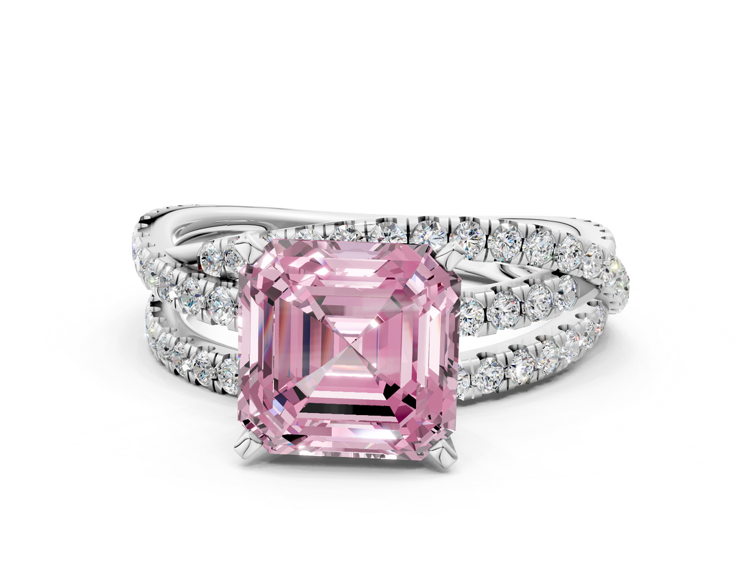 White gold Fancy Pink Asscher  Solitaire Twist Band with Pavé Setting and Four-Prong Setting