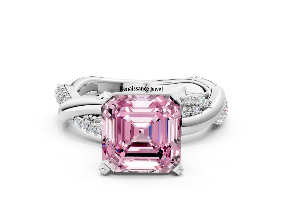 White gold Fancy Pink Asscher  Solitaire Twist Band with Pave Prong Setting_17