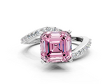 White gold Fancy Pink Asscher  Solitaire Twist Band with Pave Set Diamonds and Four-Prong Setting