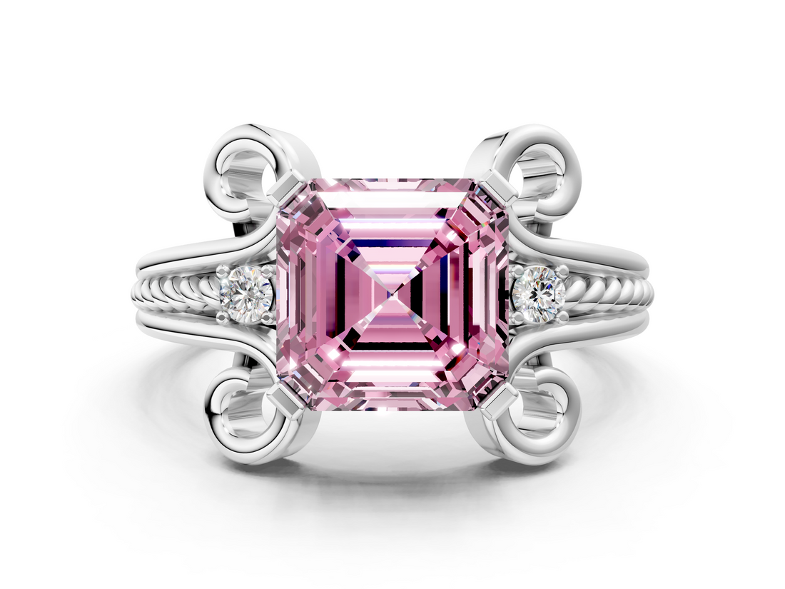 White gold Fancy Pink Asscher  Solitaire Twisted Band Scroll Prong Ring_3