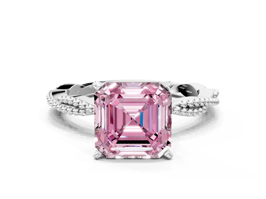 White gold Fancy Pink Asscher  Solitaire Twisted Band with Bead Prong Setting_40