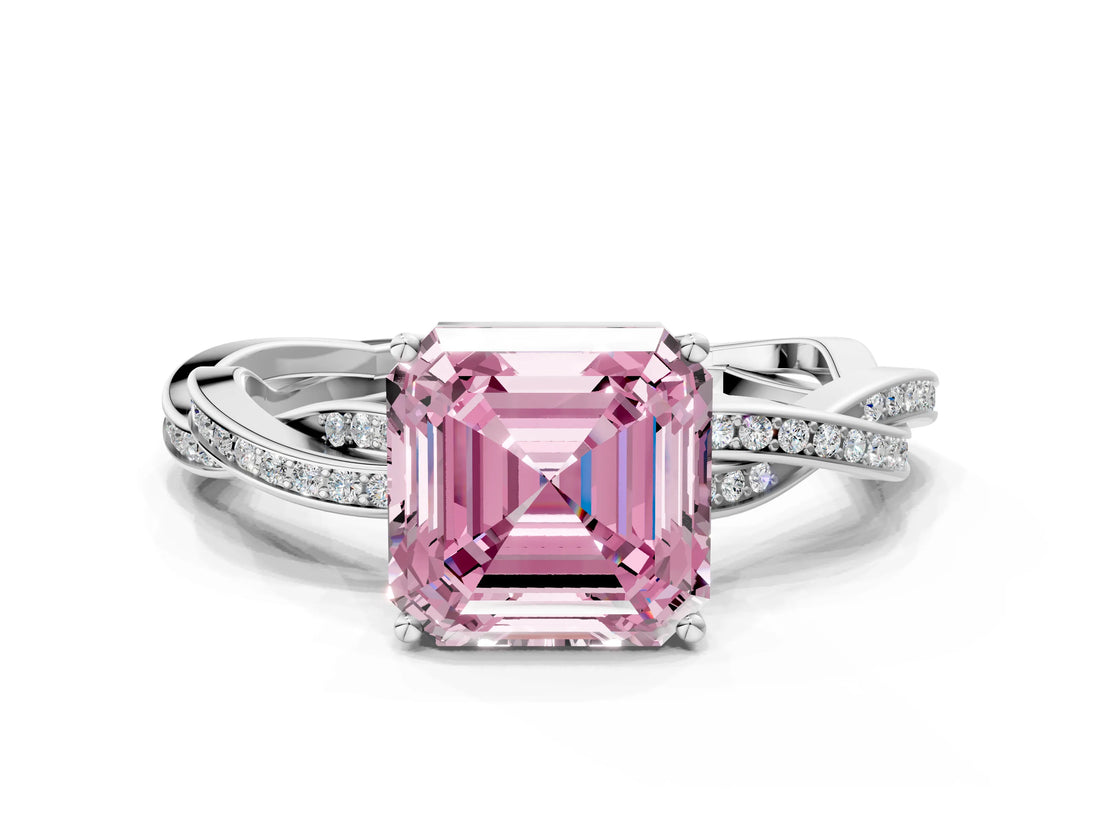 White gold Fancy Pink Asscher  Solitaire Twisted Pave Diamond Ring with Four-Prong Setting_171