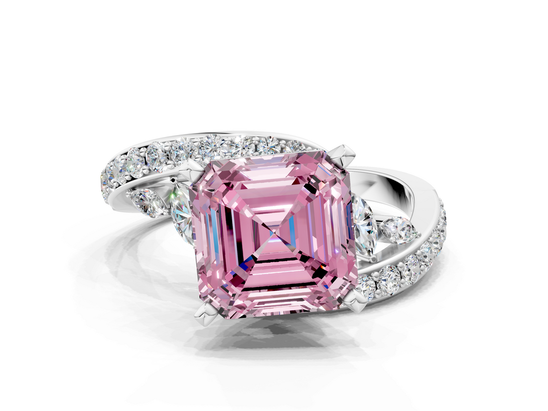 White gold Fancy Pink Asscher  Solitaire with Pavé Twist Band and Four-Prong Setting