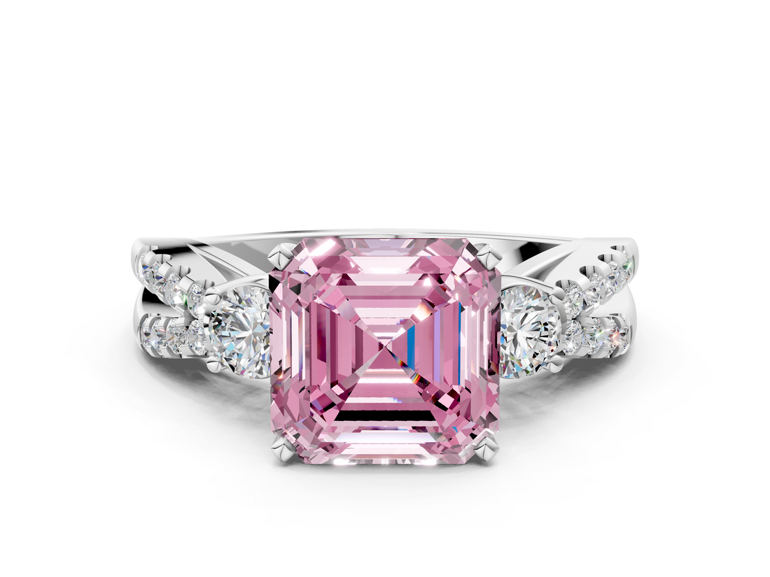 White gold Fancy Pink Asscher  Three-Stone Diamond Ring with Pavé Split Shank and Four-Prong Setting_16