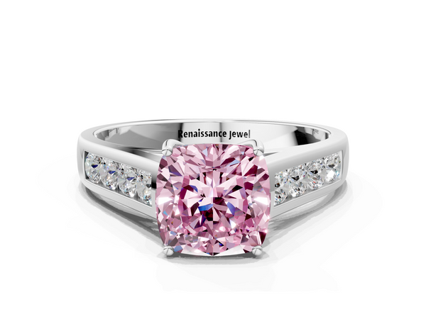 Platinum Fancy Pink Cushion  Brilliant Channel-Set Solitaire Ring with Four-Prong Setting