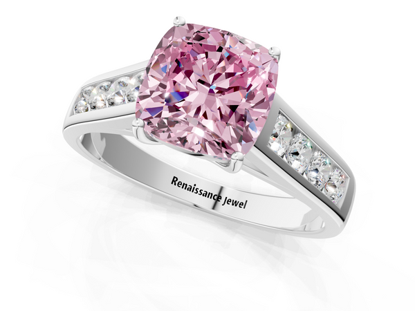 Platinum Fancy Pink Cushion  Brilliant Channel-Set Solitaire Ring with Four-Prong Setting