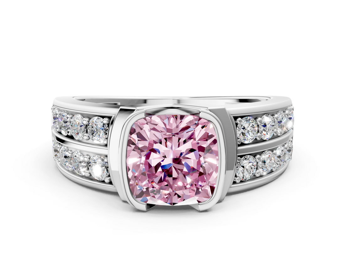 White gold Fancy Pink Cushion  Brilliant Diamond Channel Set Wide Band Ring with Bezel Setting_20