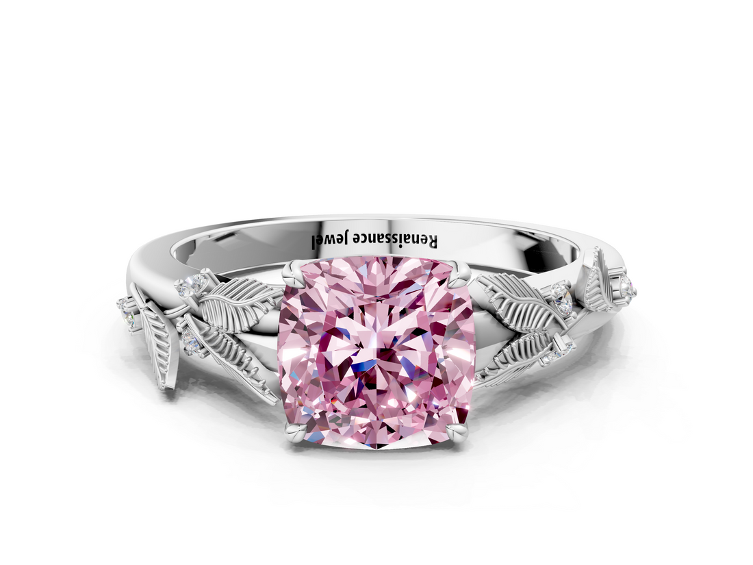White gold Fancy Pink Cushion  Brilliant Solitaire with Leaf Motif Band and Four-Prong Setting_62