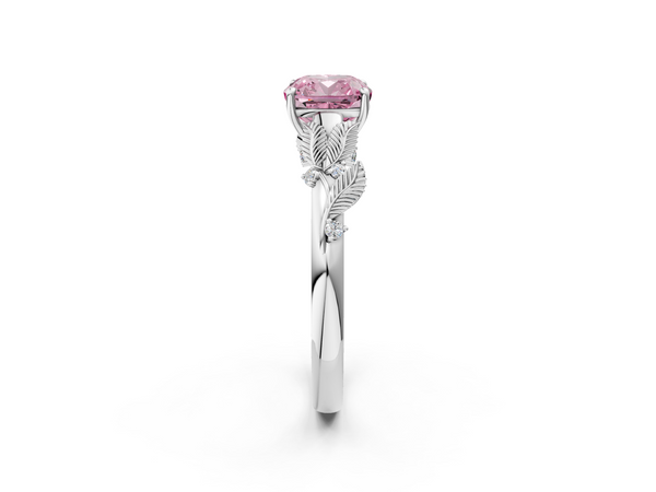 White gold Fancy Pink Cushion Cut Diamond Solitaire Ring with Leaf Motif Band and Four-Prong Setting