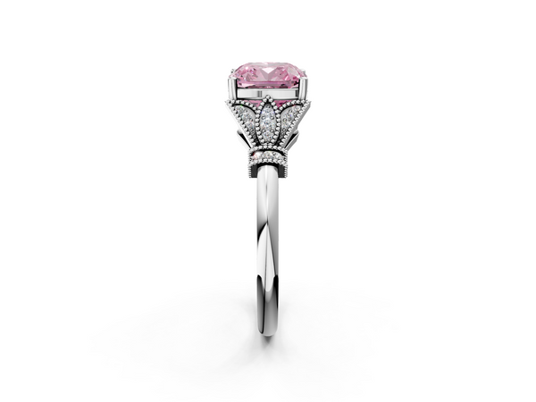 Platinum Fancy Pink Cushion  Diamond Solitaire Ring with Floral Filigree and Pave Accents