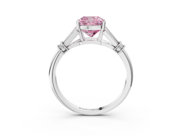 Platinum Fancy Pink Cushion  Diamond Solitaire Ring with Floral Filigree and Pave Accents