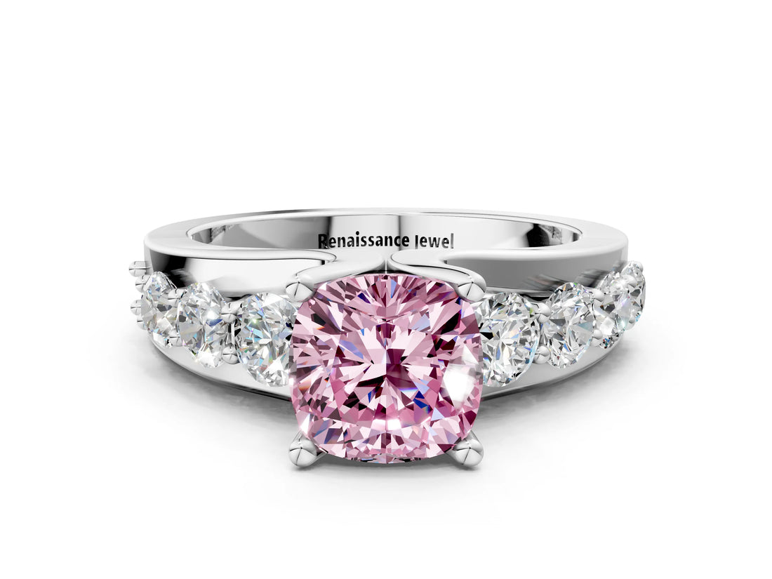White gold Fancy Pink Cushion  Brilliant Solitaire with Side Stones on a Pave Band and Four-Prong Setting_61