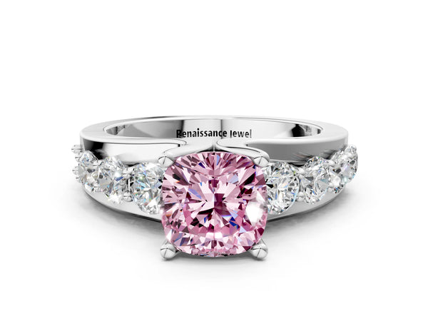 Platinum Fancy Pink Cushion  Brilliant Solitaire with Side Stones on a Pave Band and Four-Prong Setting