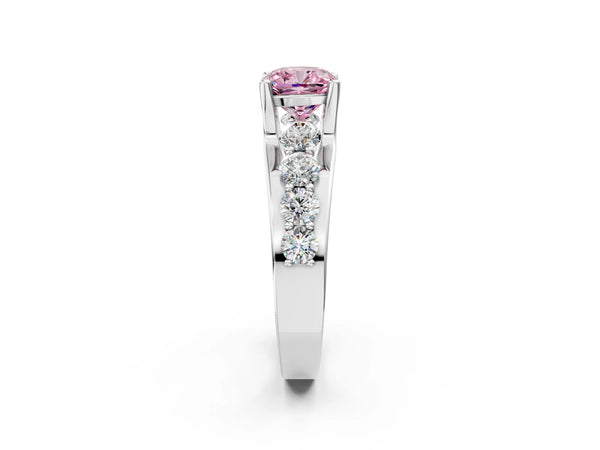 Platinum Fancy Pink Cushion  Brilliant Solitaire with Side Stones on a Pave Band and Four-Prong Setting