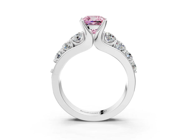 Platinum Fancy Pink Cushion  Brilliant Solitaire with Side Stones on a Pave Band and Four-Prong Setting