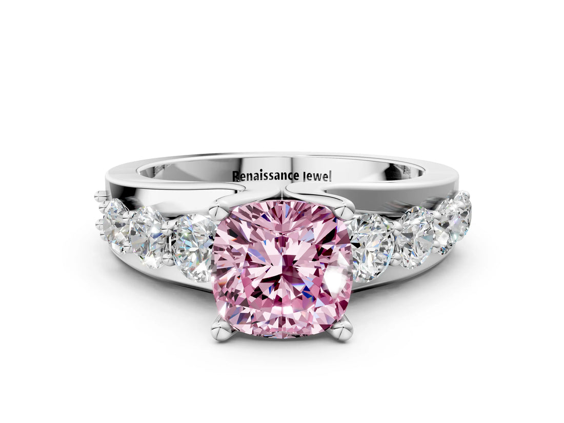 White gold Fancy Pink Cushion  Brilliant Solitaire with Side Stones on a Pave Band and Four-Prong Setting_84