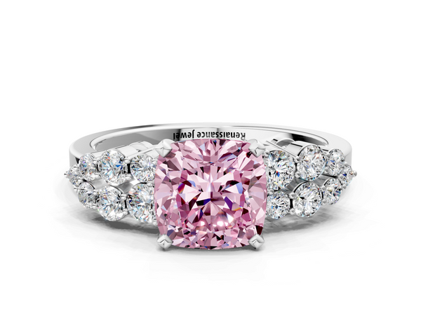 Platinum Fancy Pink Cushion  Cluster Diamond Engagement Ring with Pavé Band and Four-Prong Setting