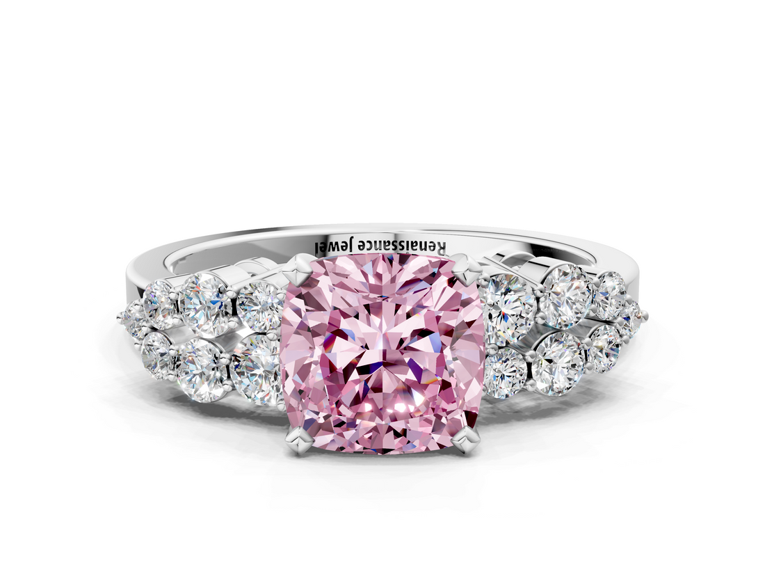White gold Fancy Pink Cushion  Cluster Diamond Engagement Ring with Pavé Band and Four-Prong Setting_46