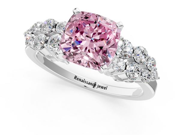 Platinum Fancy Pink Cushion  Cluster Diamond Engagement Ring with Pavé Band and Four-Prong Setting