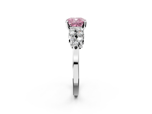 Platinum Fancy Pink Cushion  Cluster Diamond Engagement Ring with Pavé Band and Four-Prong Setting