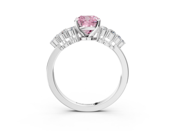 Platinum Fancy Pink Cushion  Cluster Diamond Engagement Ring with Pavé Band and Four-Prong Setting