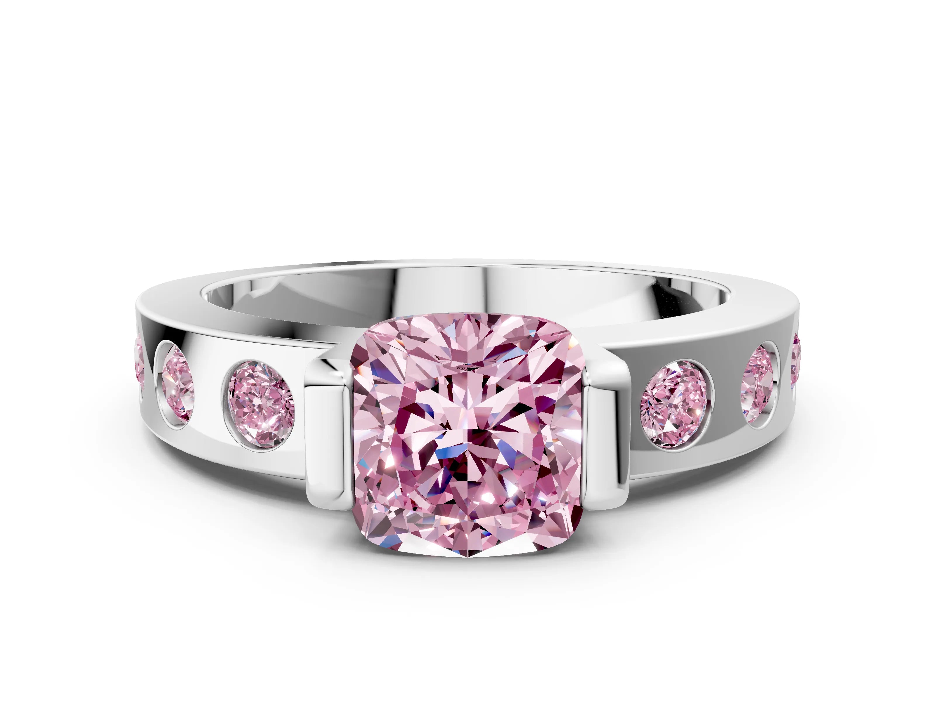 White gold Fancy Pink Cushion Cut Brilliant Channel-Set Diamond Ring with Bezel Prong Setting