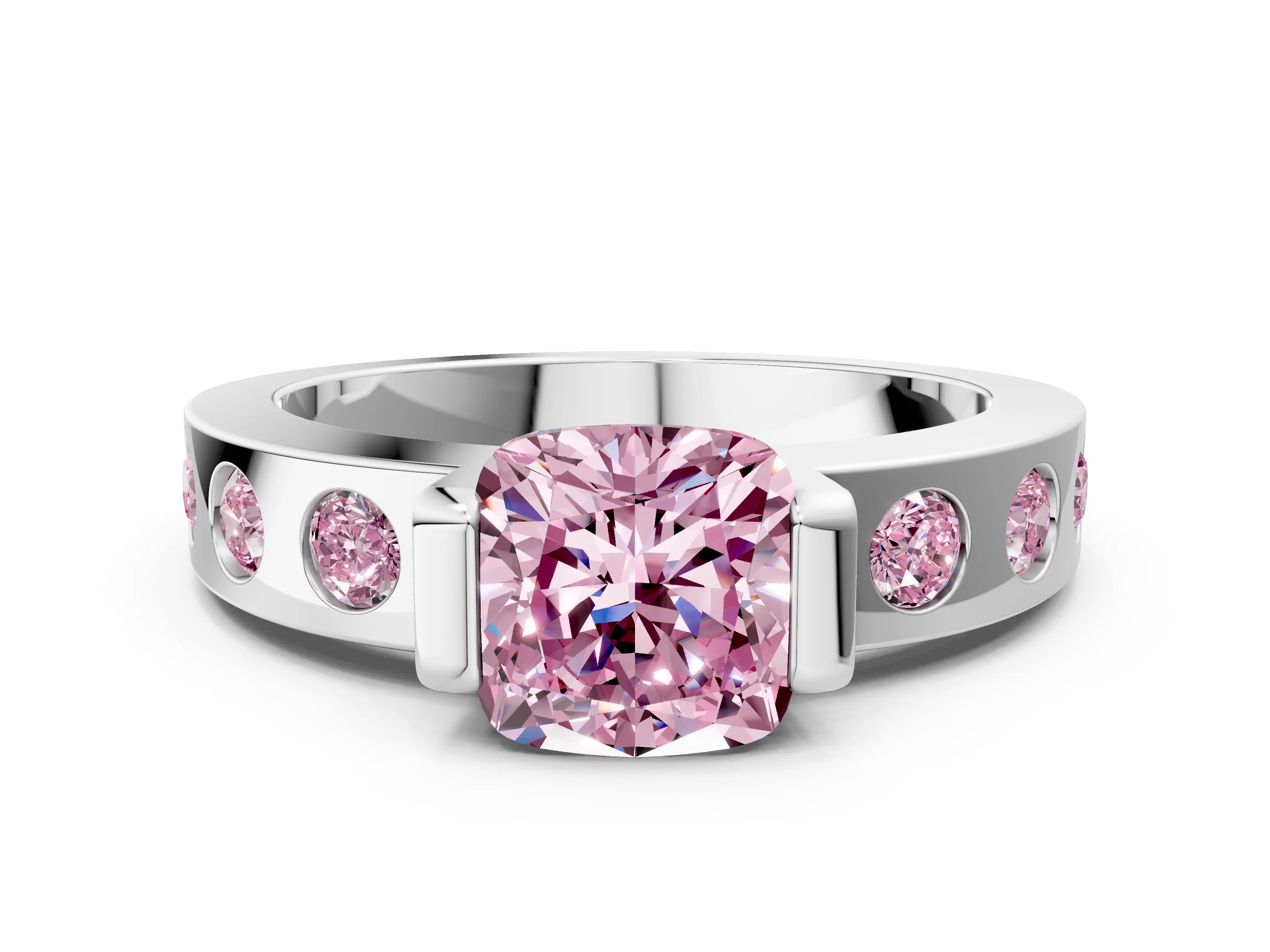 White gold Fancy Pink Cushion Cut Brilliant Channel-Set Diamond Ring with Bezel Prong Setting_12