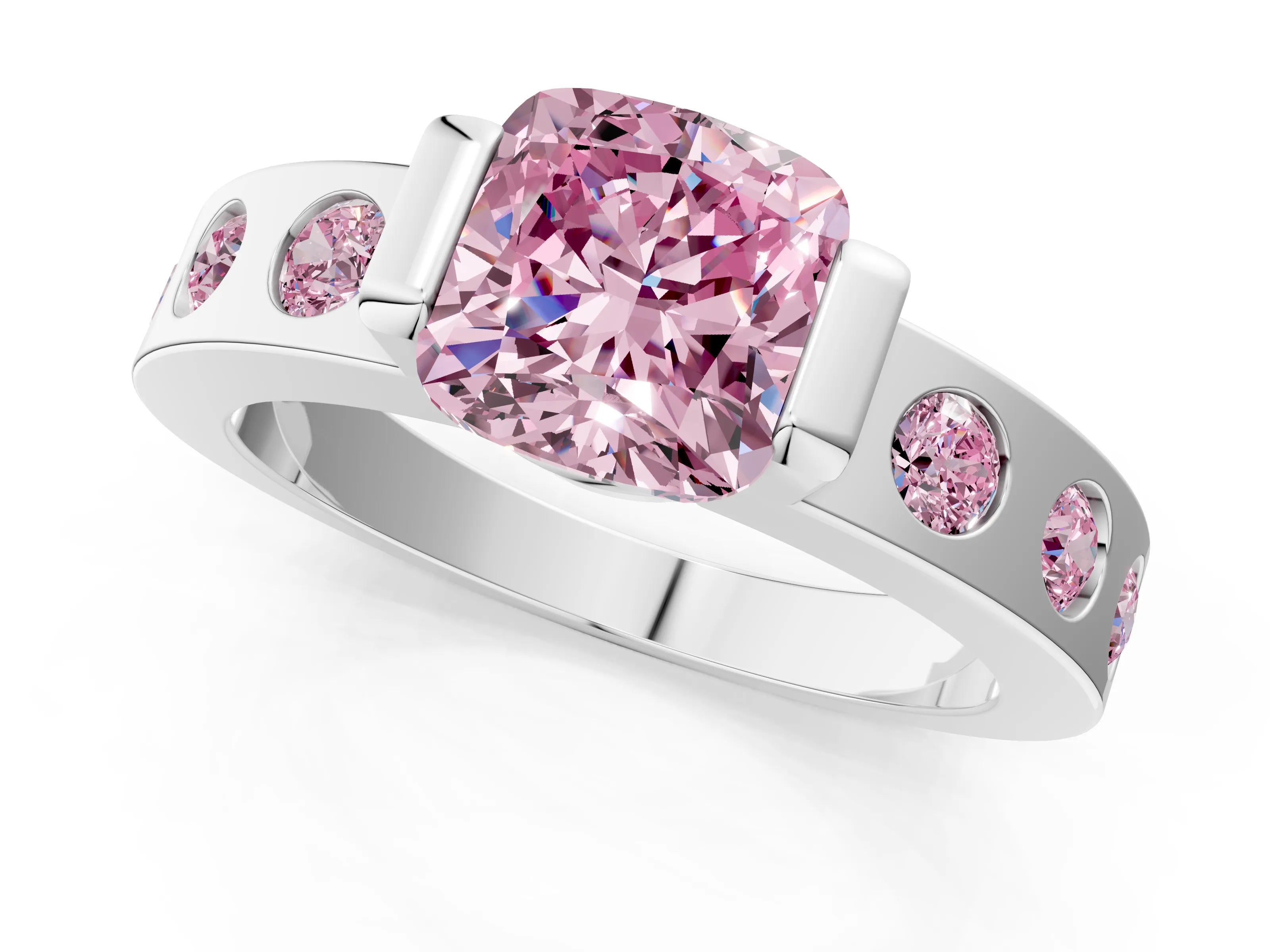 White gold Fancy Pink Cushion Cut Brilliant Channel-Set Diamond Ring with Bezel Prong Setting_7