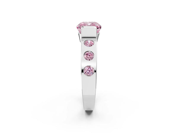 Platinum Fancy Pink Cushion Cut Brilliant Channel-Set Diamond Ring with Bezel Prong Setting