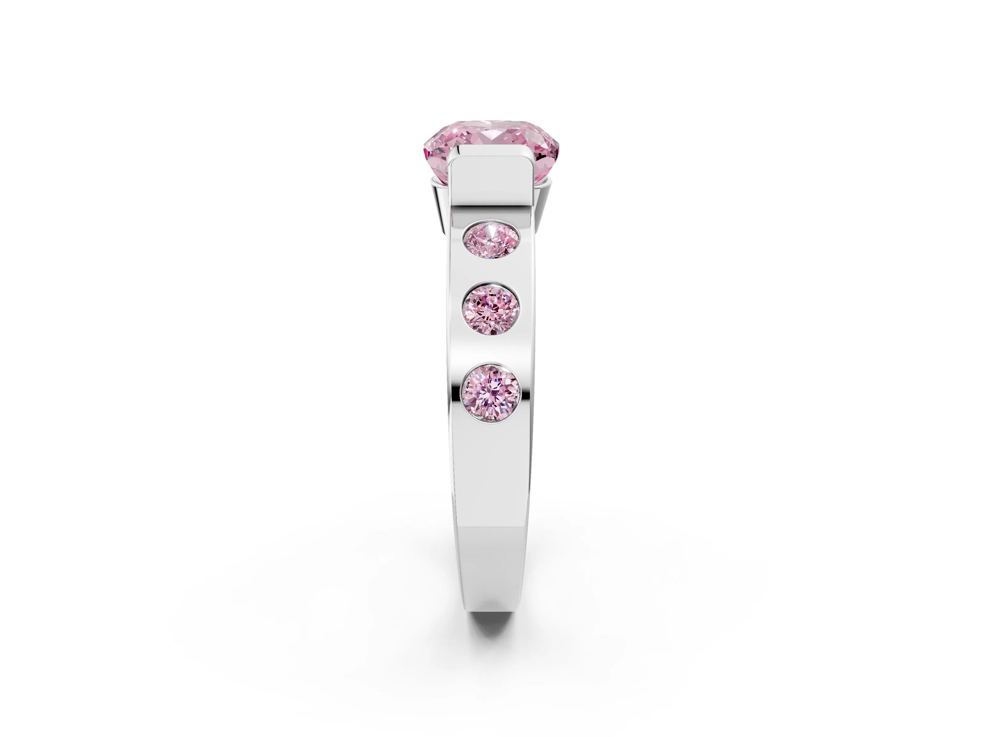 White gold Fancy Pink Cushion Cut Brilliant Channel-Set Diamond Ring with Bezel Prong Setting_8