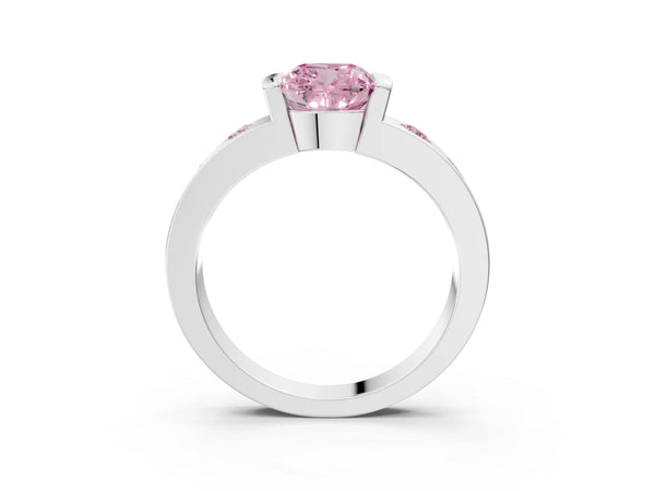 Platinum Fancy Pink Cushion Cut Brilliant Channel-Set Diamond Ring with Bezel Prong Setting