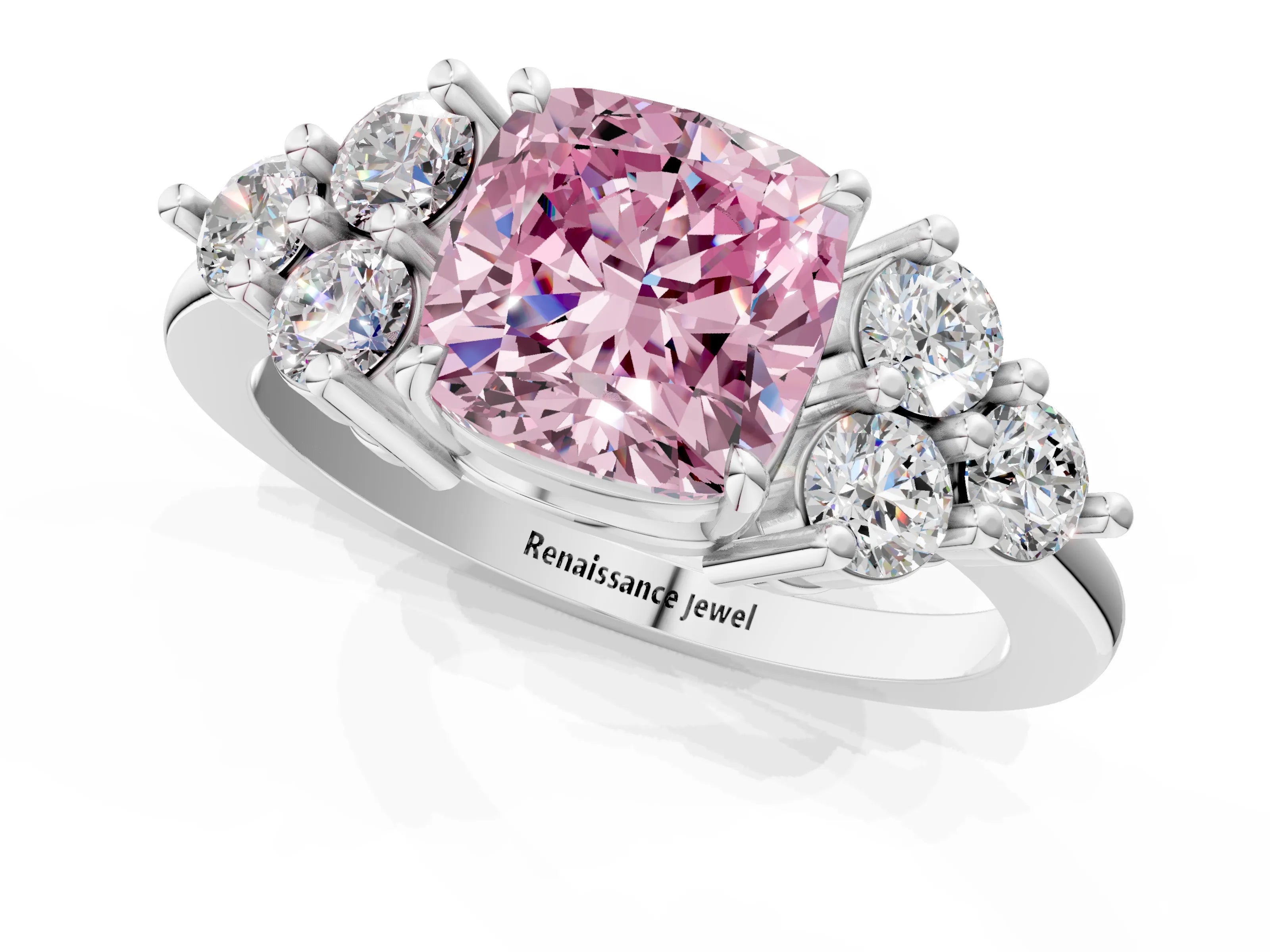 White gold Fancy Pink Cushion Cut Brilliant Diamond Cluster Accent Solitaire Ring with Prong Setting_1
