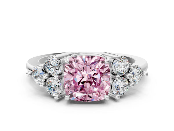 White gold Fancy Pink Cushion Cut Brilliant Diamond Cluster Accent Solitaire Ring with Prong Setting