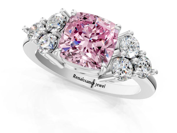White gold Fancy Pink Cushion Cut Brilliant Diamond Cluster Accent Solitaire Ring with Prong Setting