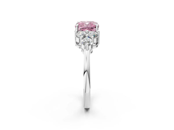 White gold Fancy Pink Cushion Cut Brilliant Diamond Cluster Accent Solitaire Ring with Prong Setting