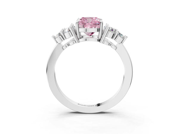 White gold Fancy Pink Cushion Cut Brilliant Diamond Cluster Accent Solitaire Ring with Prong Setting