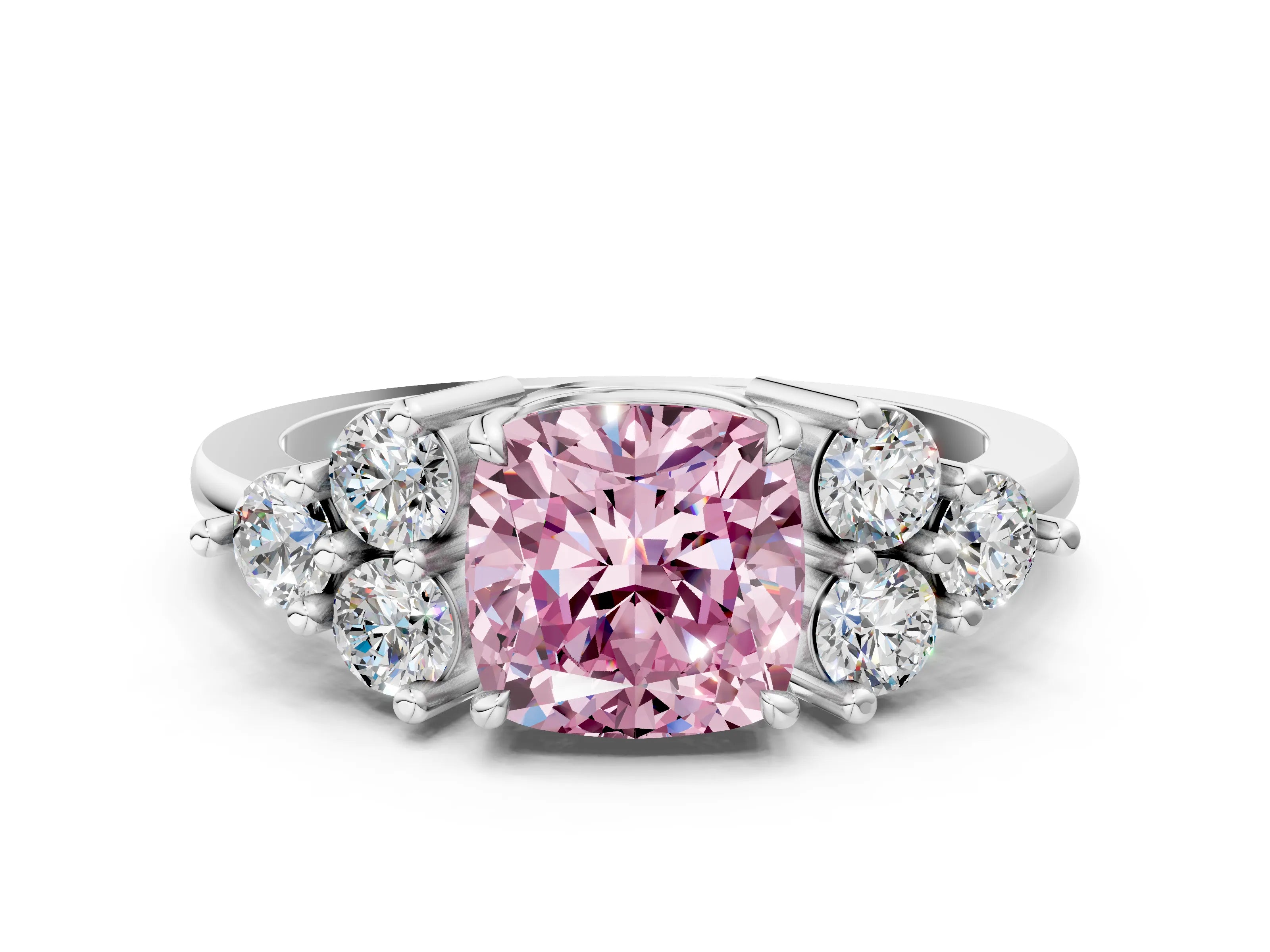 White gold Fancy Pink Cushion Cut Brilliant Diamond Cluster Accent Solitaire Ring with Prong Setting_30