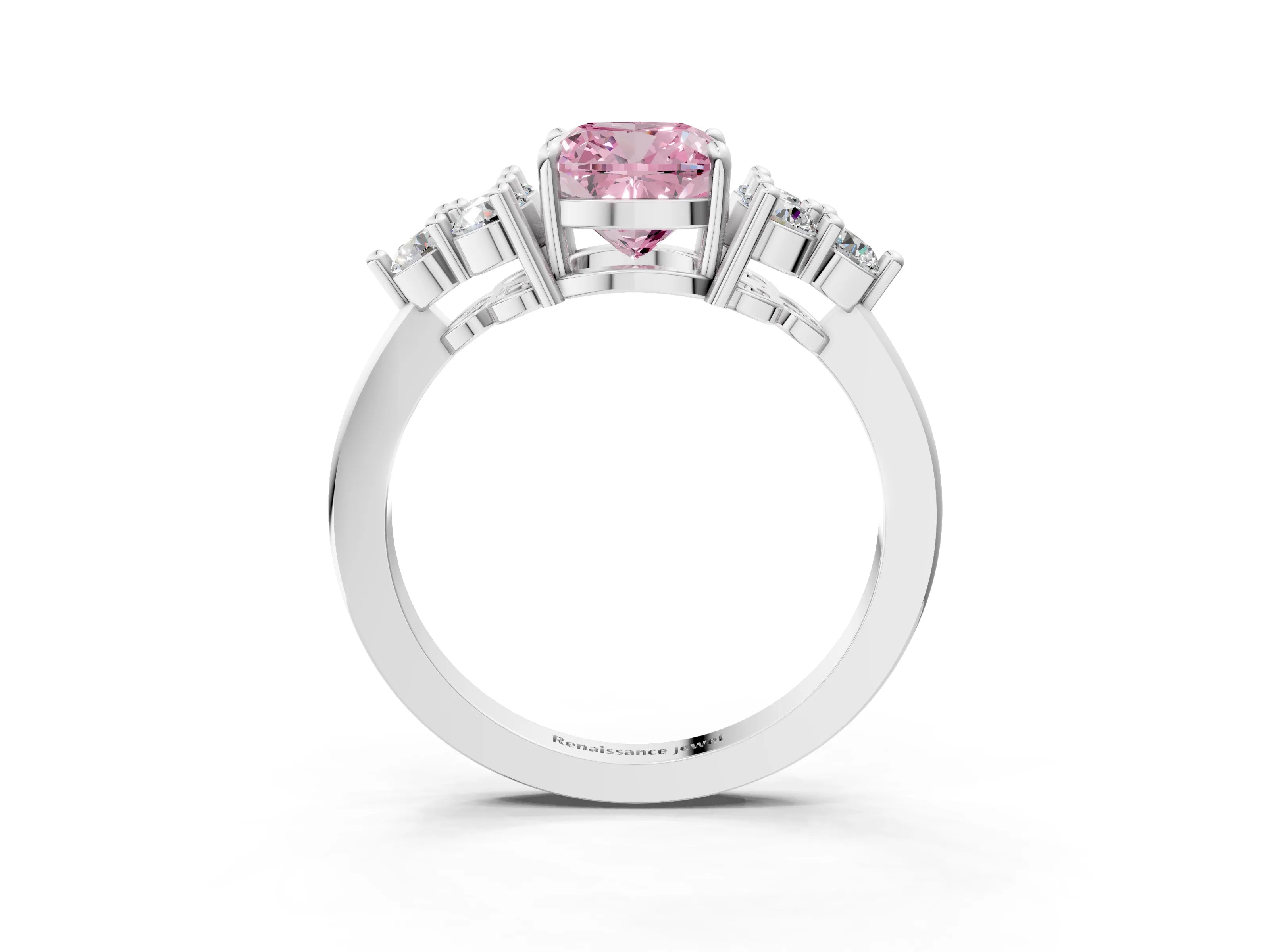 White gold Fancy Pink Cushion Cut Brilliant Diamond Cluster Accent Solitaire Ring with Prong Setting_33