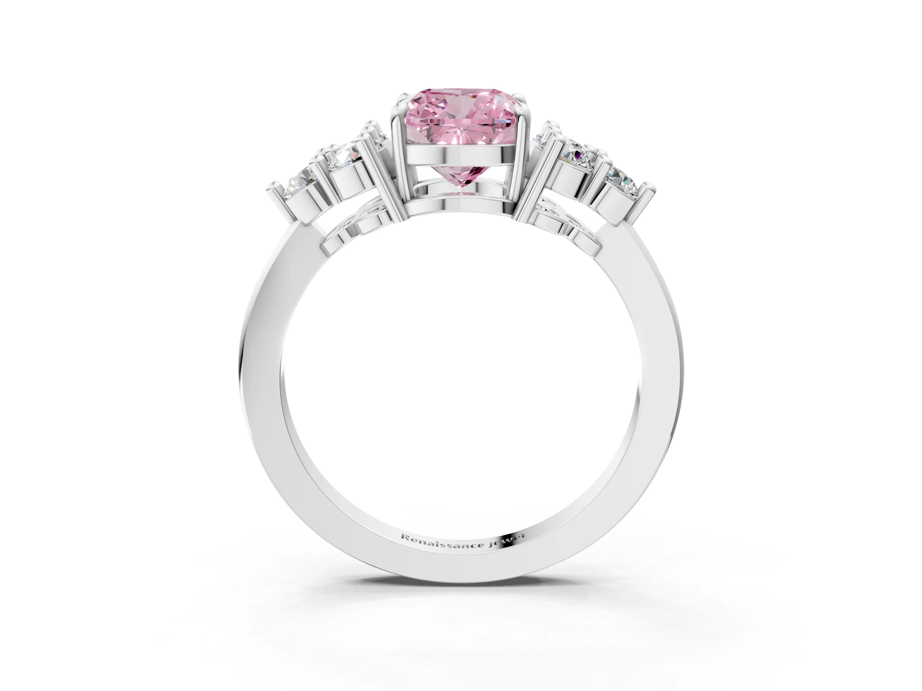 White gold Fancy Pink Cushion Cut Brilliant Diamond Cluster Accent Solitaire Ring with Prong Setting_3