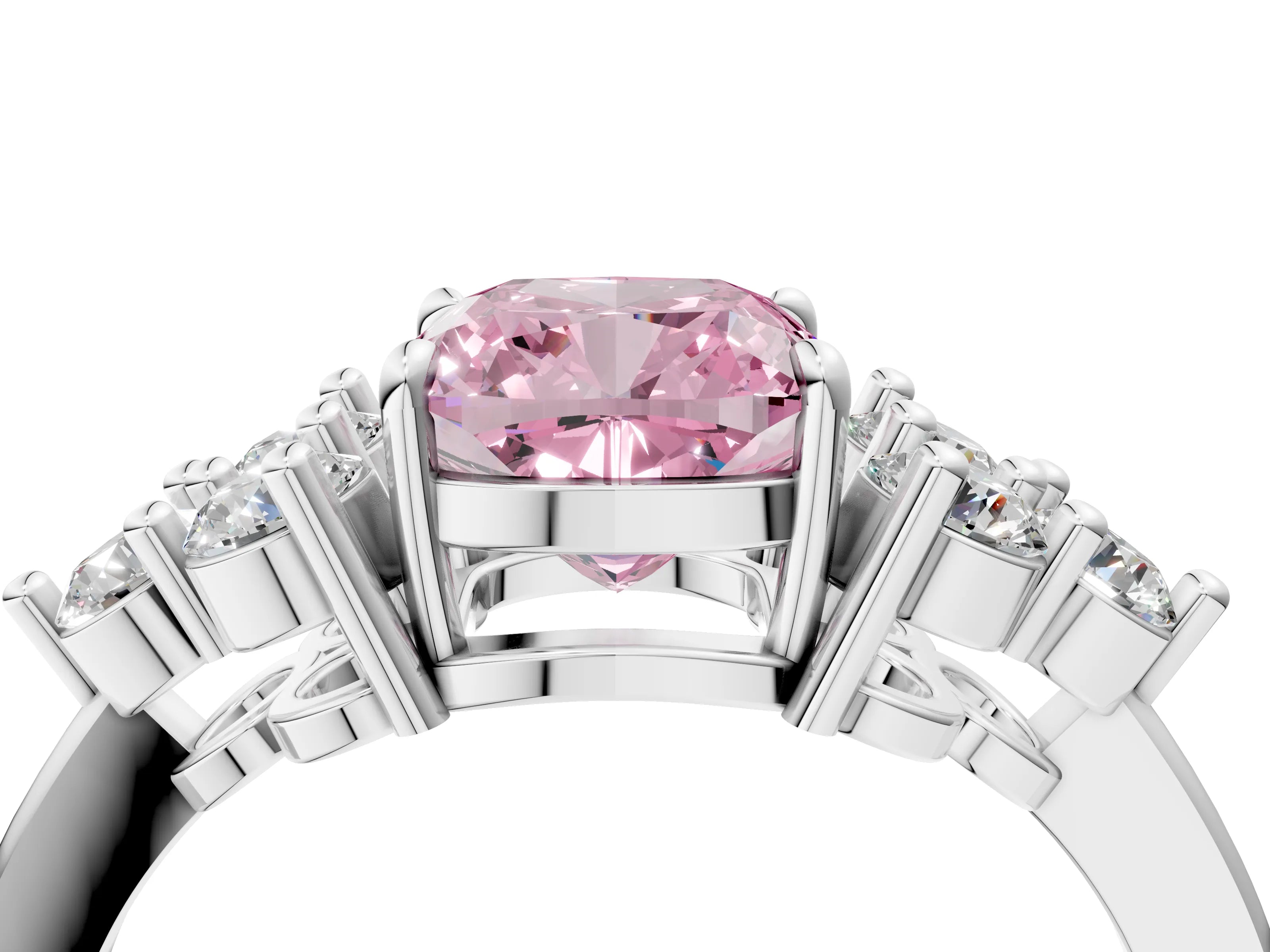 White gold Fancy Pink Cushion Cut Brilliant Diamond Cluster Accent Solitaire Ring with Prong Setting_4