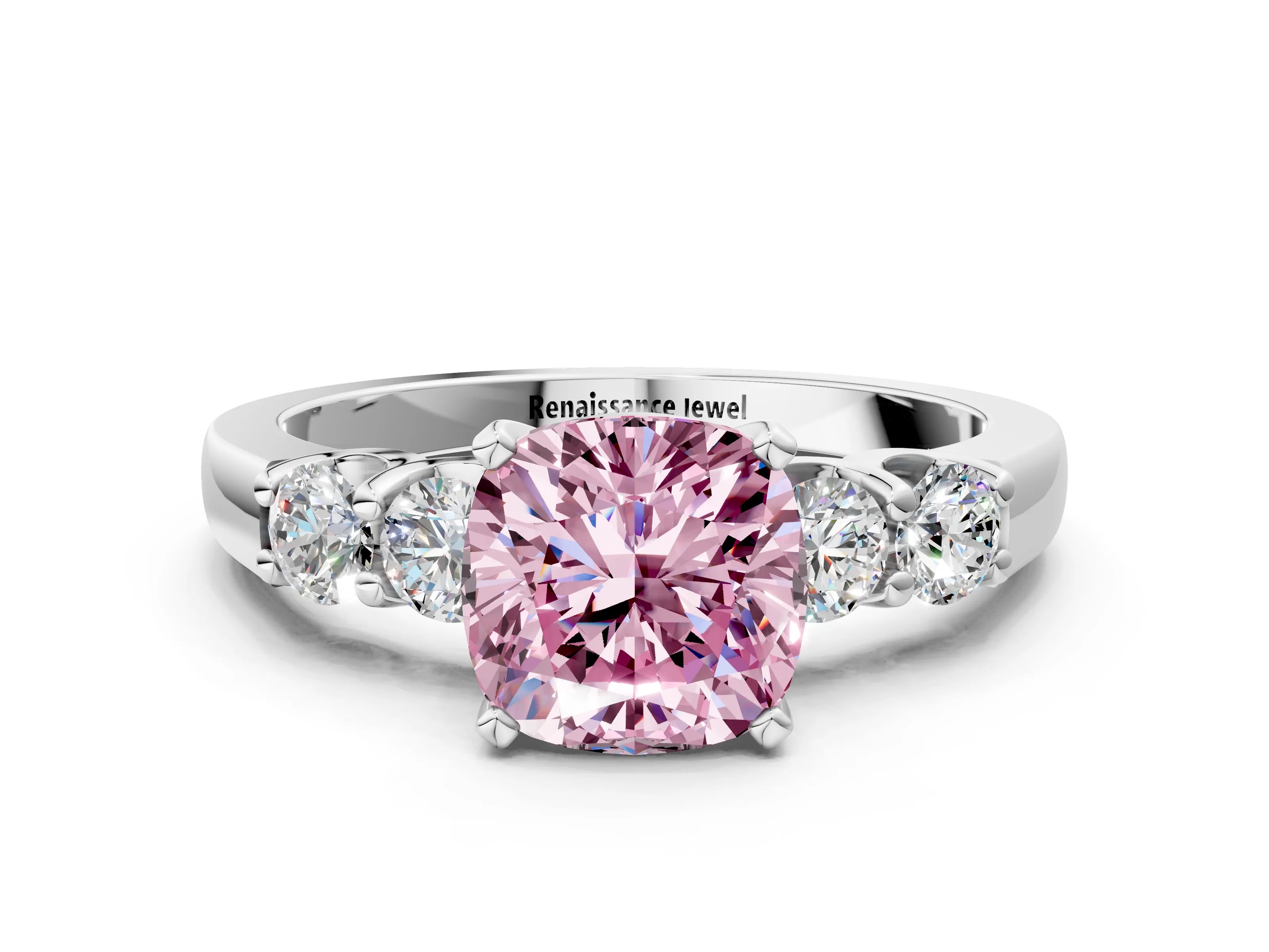 White gold Fancy Pink Cushion Cut Brilliant Diamond Five-Stone Engagement Ring with Prong Setting on a Classic Band_3